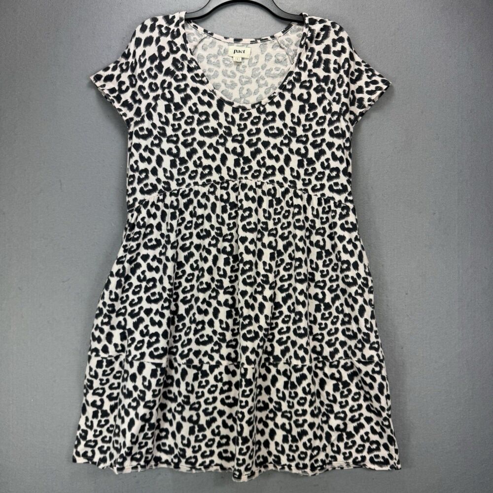 Pact Dress Small Leopard Animal Cotton Mini Stretch Pockets Tiered Cottagecore